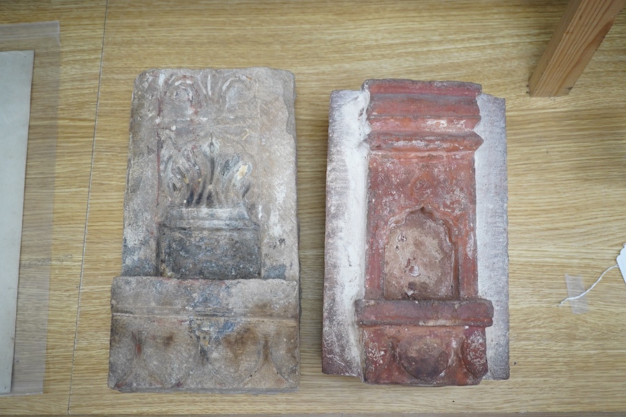 Two 19th century Indian carved sandstone niches, 33.5cm. Condition - fair